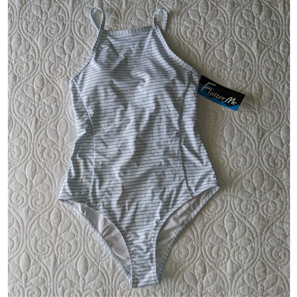 Blue White Criss Cross Lace Up Tie Back One-piece Swimsuit Flatter Me BOHO Small - Picture 6 of 11